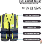 A-SAFETY Reflective Safety Vest,Hi Vis 7 Pockets High Visibility Zipper Front Safety Vest,Yellow&Navy Color Mixed, XXXL