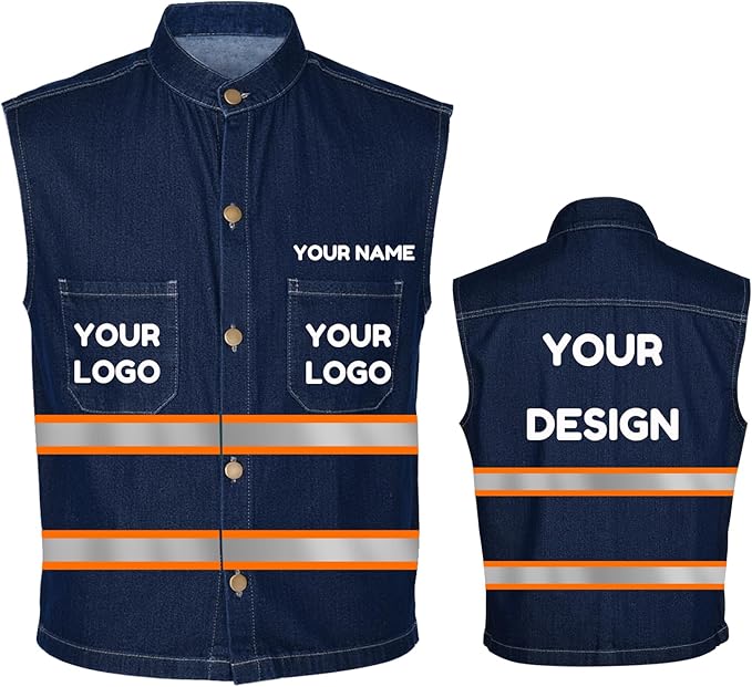 YOWESHOP Men's Reflective Safety Denim Vest，Custom Safety Outdoor Denim Work Vest with Hi-Vis Stripes for Night Commute
