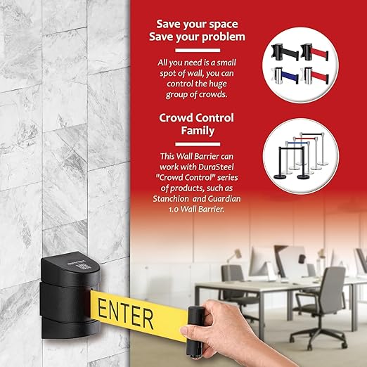 DuraSteel Wall Mount Retractable Belt Barrier - 6.5 Ft Yellow “Do Not Enter” Belt in Black Case - Guardian 2.0 Indoor & Outdoor Caution Tape for Crowd Control Queue Barrier, Line Divider, 10 Pcs