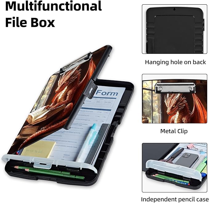 Clipboard with Storage Box & Pen Holder,Heavy Duty Clip Boards 8.5x11 for Nursing,High Capacity,School & Office Supplies,Dragon Reading