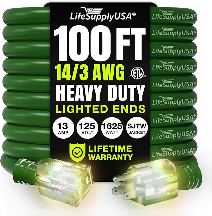 100ft Outdoor/Indoor Extension Cord 14/3 Gauge Heavy Duty 3 Prong SJTW, Waterproof, ETL Listed, Flexible Cold-Resistant Long Power Cord,13A 125V 1625W, Green by LifeSupplyUSA