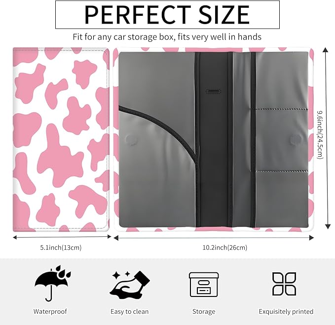 Premium Car Registration and Insurance Card Holder, Cute PU Leather Car Document Holder, Vehicle Glove Box Car Organizer with Magnetic Closure for Driver License, Cards Pink Cow Print