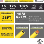 10 Gauge Extension Cord 25 Ft with 3 Outlets, 10/3 Heavy Duty Extension Cord with Multiple Outlets 3 Prong, SJTW Weatherproof Industrial Outdoor Electric Cable Yellow for Major Appliances