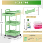 Goovilla 3 Tier Rolling Utility Cart Organizer with Removable Drawer, Stable and Sturdy Green Rolling Storage Carts with 2 Lockable Wheels for Bathroom, Kitchen, Snack, Craft, Makeup, Baby Essentials