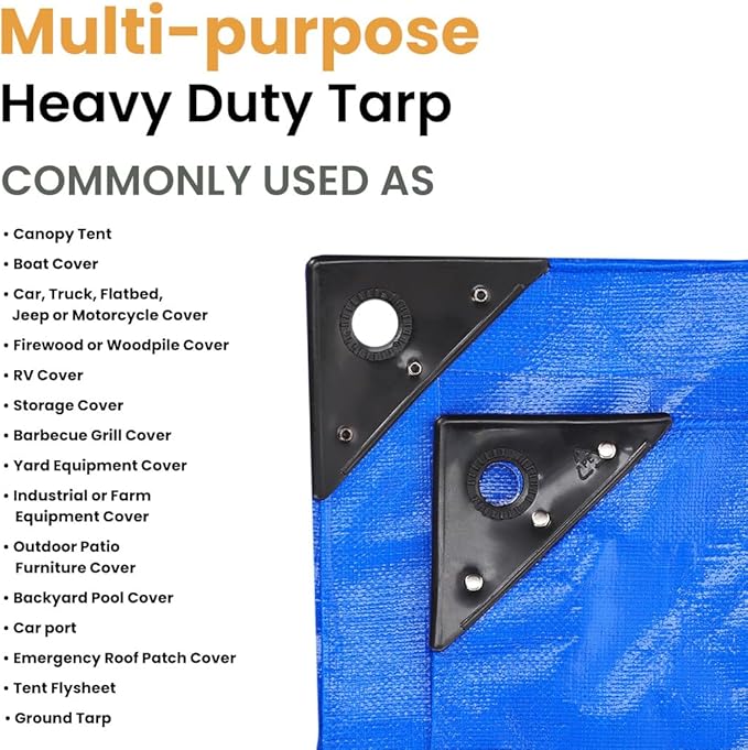 WHITEDUCK 12' x 20' Super Heavy Duty Poly Tarp Thick 16 Mil, Waterproof 100% UV Resistant Rip/Tear Proof Tarp w/Rustproof Grommets & Reinforced Edges (Blue,16 mil Finished Size: 11'6"x19'6")