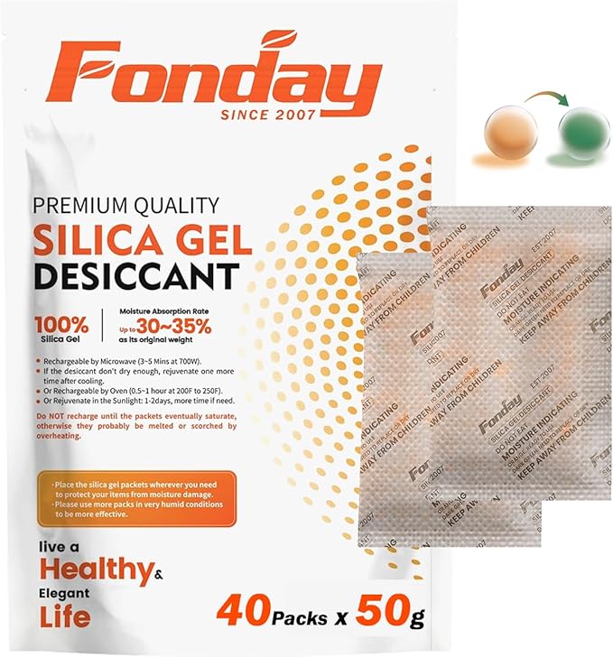50g x 40 Packs Fonday Rechargeable Silica Gel Desiccant Packets Food Grade Fast Reactivate Desiccant Bags Moisture Indicating Orange to Green for Food Storage, Electronics, 3D Filament & Safes