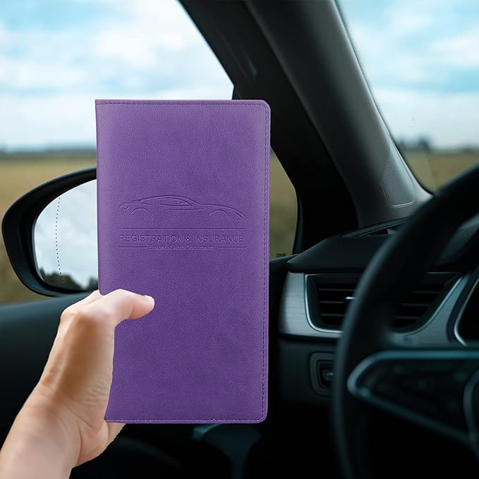 Car Registration and Insurance Holder, Premium Pu Leather Vehicle Glove Box Organizer - for Driver License, Cards & Essential Documents (L-Purple)