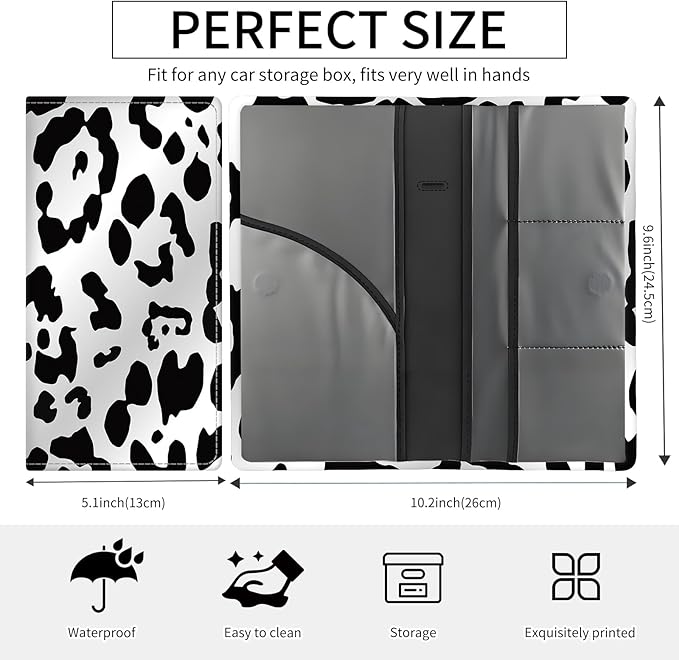 Premium Car Registration and Insurance Card Holder, Cute PU Leather Car Document Holder, Vehicle Glove Box Car Organizer with Magnetic Closure for Driver License, Cards Black White Cow Print