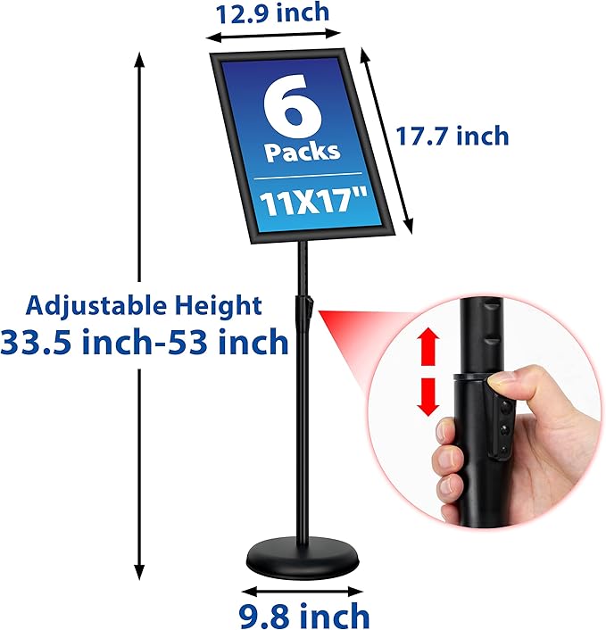 6Packs 11x17 Inch Adjustable Pedestal Poster Sign Stand, Heavy Duty Floor Standing Sign Holder Stand Aluminum Snap Open Frame for Vertical and Horizontal View Sign Displayed(Black)