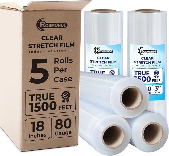 Rosmonde 18" Plastic Wrap for Moving, 5 Pack, 18" x 1500 ft Shrink Wrap, 80 Guage Thick, 9.4 lbs/Roll, Premium Shrink Wrap Roll, Hand Bulk Stretch Wrap, Heavy Duty Stretch Film for Moving & Pallets