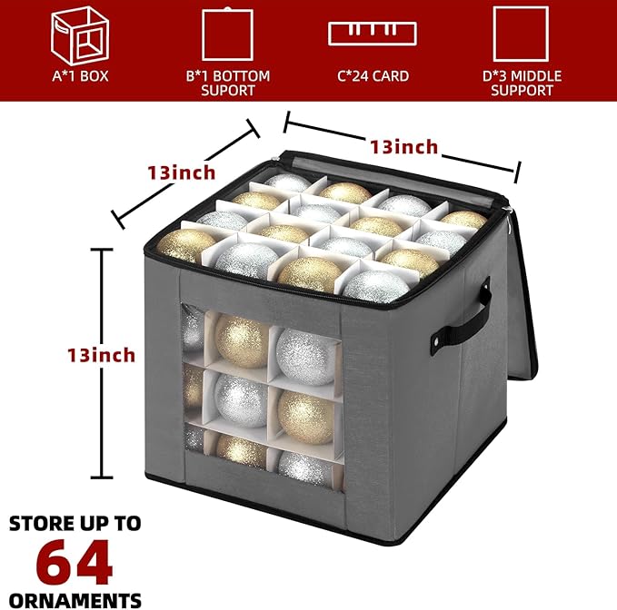 inin Christmas Ornament Storage Box with Adjustable Dividers,Christmas Ornaments Organizer with Zippered Top,Storage Container Bin for Holiday Decorations(64 Ball, Gray, Without Tray)