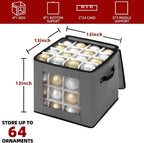 inin Christmas Ornament Storage Box with Adjustable Dividers,Christmas Ornaments Organizer with Zippered Top,Storage Container Bin for Holiday Decorations(64 Ball, Gray, Without Tray)