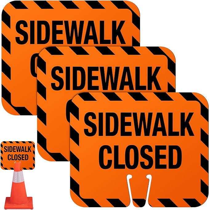 3 Pcs Plastic Sidewalk Closed Sign Bulk for Traffic Cones Top Road Warning Signs 10.4" Height x 12.6" Width x 0.05" Thickness for Outdoor Barricade Construction Caution