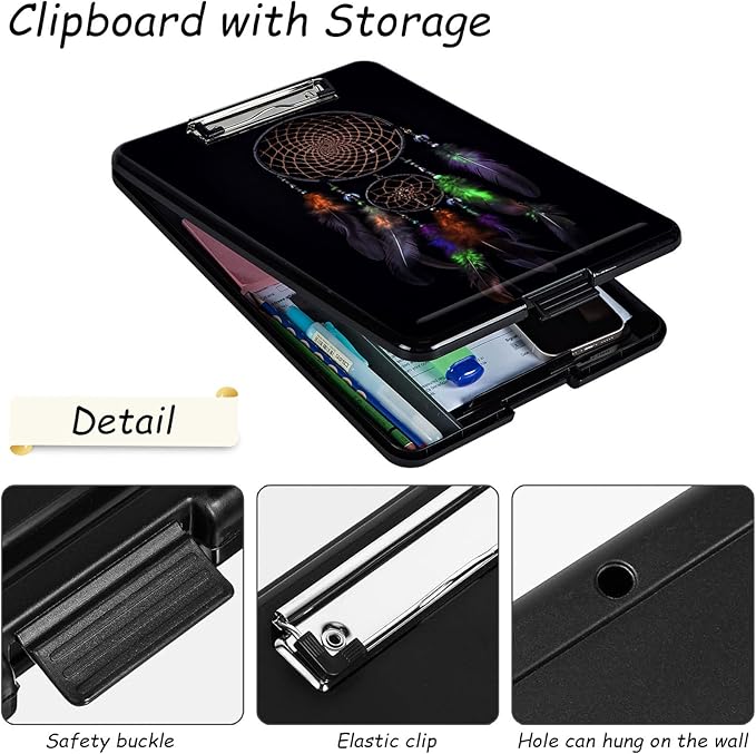 Clipboard with Storage, High Capacity Plastic Storage Clipboard with Pen Holder for Women Teachers Work, School & Office Supplies, Cute Pattern Decorative Clipboards, Dreamcatcher 02