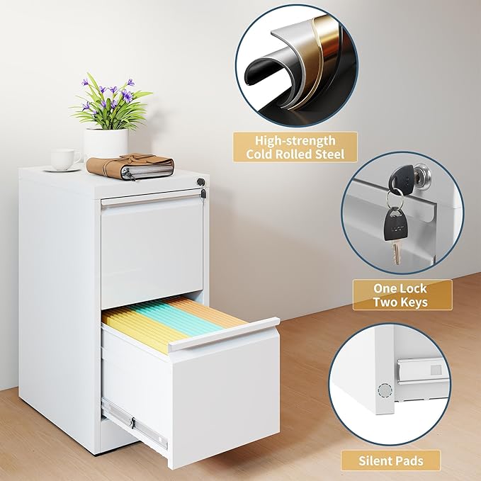2 Drawer File Cabinet with Lock, Vertical Filing Cabinets for Home Office, Metal Storage Cabinets, Heavy Duty File Cabinet for Letter/Legal/A4/F4 Size Amssebly Required, White