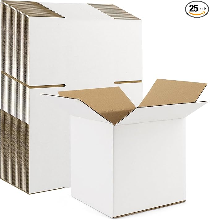 Frametory 7x7x7 Pack of 25 Corrugated Cardboard Packing Shipping Mailing Moving Carton Boxes, White