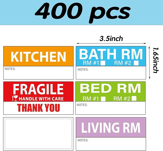 400 Pcs 1.65 x 3.5 Inches Large Home Moving Packing Box Labels, 6-Color Coded Packing Box Stickers with Fragile and Blank Customizable Labels