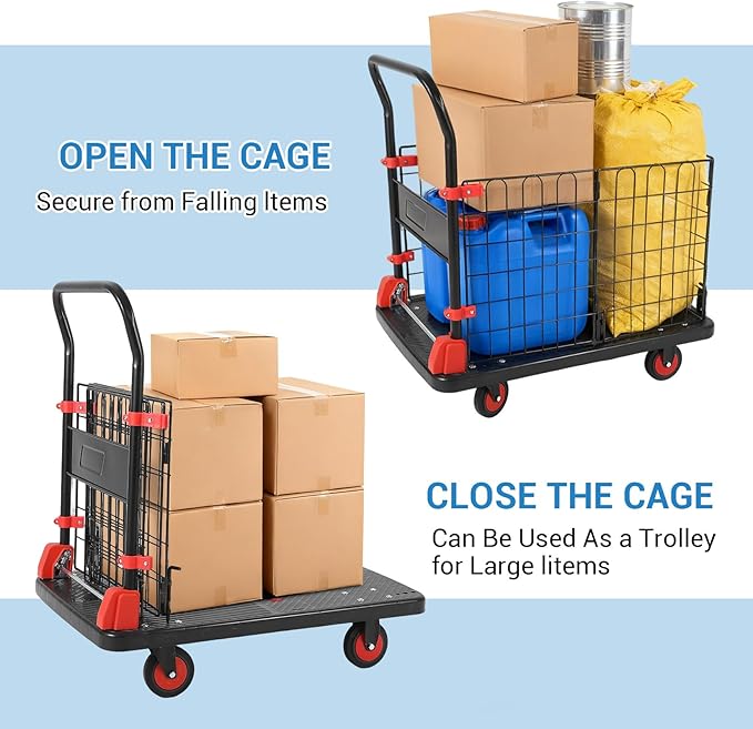 Platform Truck Cart with Cage, 35 * 23 * 20 in 1000LBS Capacity Folding Cart with Wheels,Heavy Duty Hand Moving Cart,Foldable Dolly with Basket for Warehouse Luggage Moving