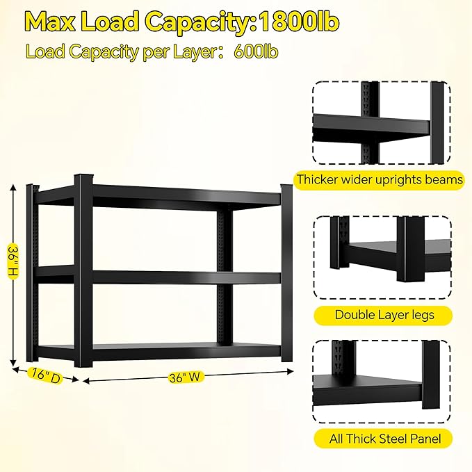 CJF Metal Storage Shelves, 3-Tier Garage Shelving Unit, Heavy Duty Adjustable Metal Shelving for Garage, Basement, Pantry, Warehouse-Black (36 "H x 36" W x 16" D)