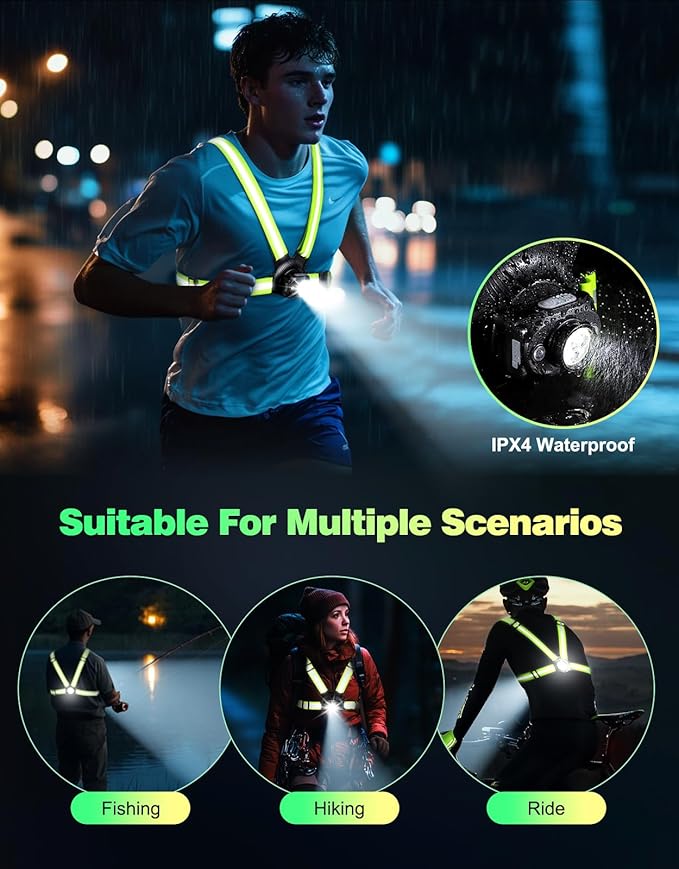 Running Lights for Runners, 500 Lumens Running Light with 45° Adjustable Tilt, 360° Reflective Vest & IPX4 Waterproof Rechargeable Safety Light Up Gear for Night Walking/Cycling/Jogging/Hiking