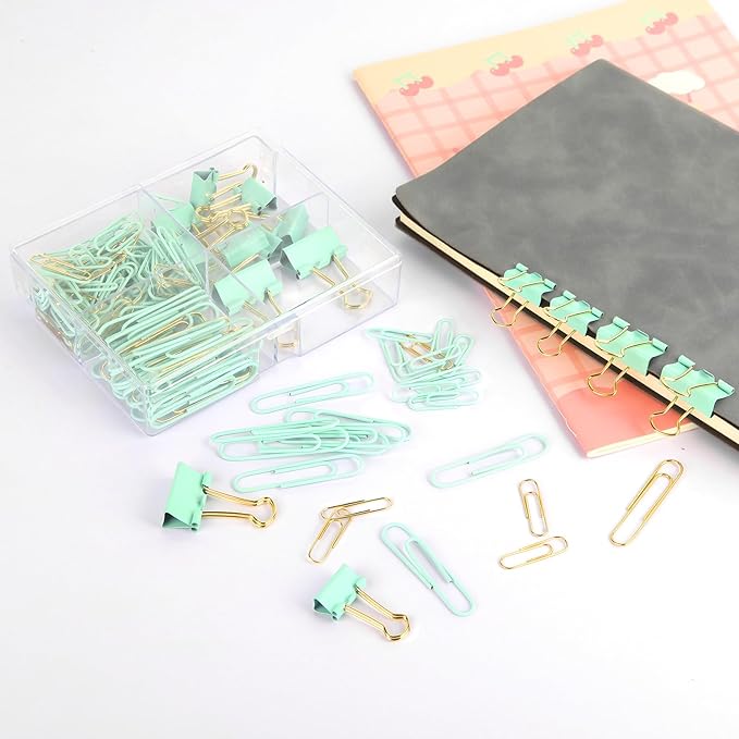Cute Paper Clips Binder Clips Combo Set, 165 Psc, Assorted Size Paper Clips for Office, Cute Office Supplies Set, Green