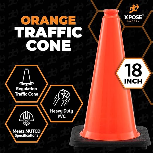 Xpose Safety 18 Inch Orange Traffic Cone, 1-Pack - Multipurpose PVC Plastic Safety Cone for Parking, Soccer, Caution, Kids and Construction - DOT Approved