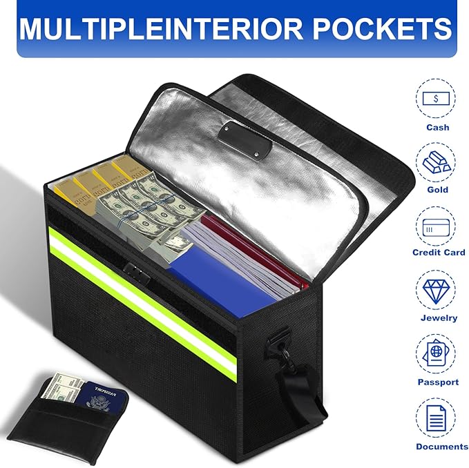 File Organizer Bag with Removable Folder Layers/Wallet,6500°F Fireproof Document Organizer with Lock&Reflective Strip,Portable Home Travel Safe Storage Box for Important Documents(14.1x9.5x4.2 inches)