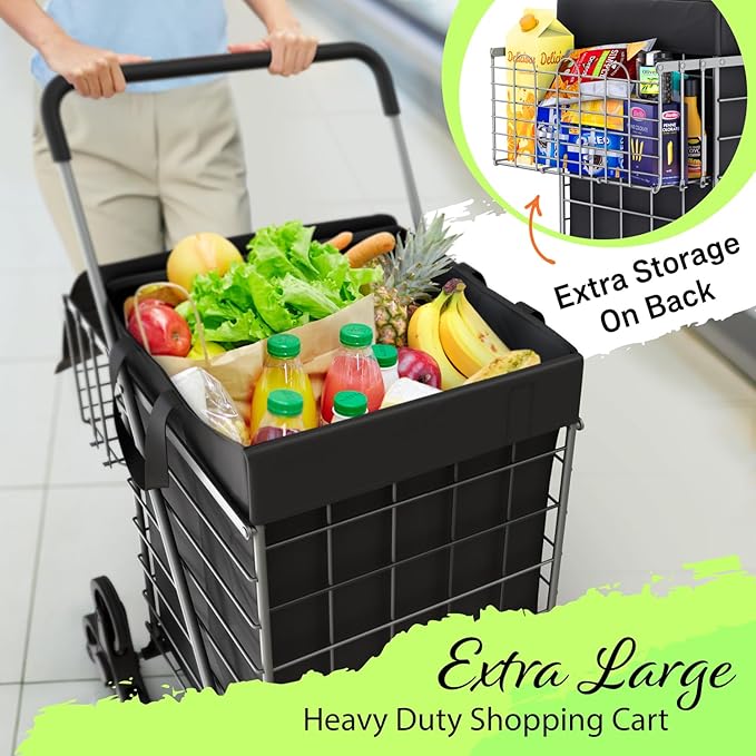 Stairs Climbing Shopping Cart w/Waterproof Basket Liner & 360° Swivel Wheels | Foldable Collapsible & Lightweight | Perfect for Groceries Laundry Utility Cart - Silver