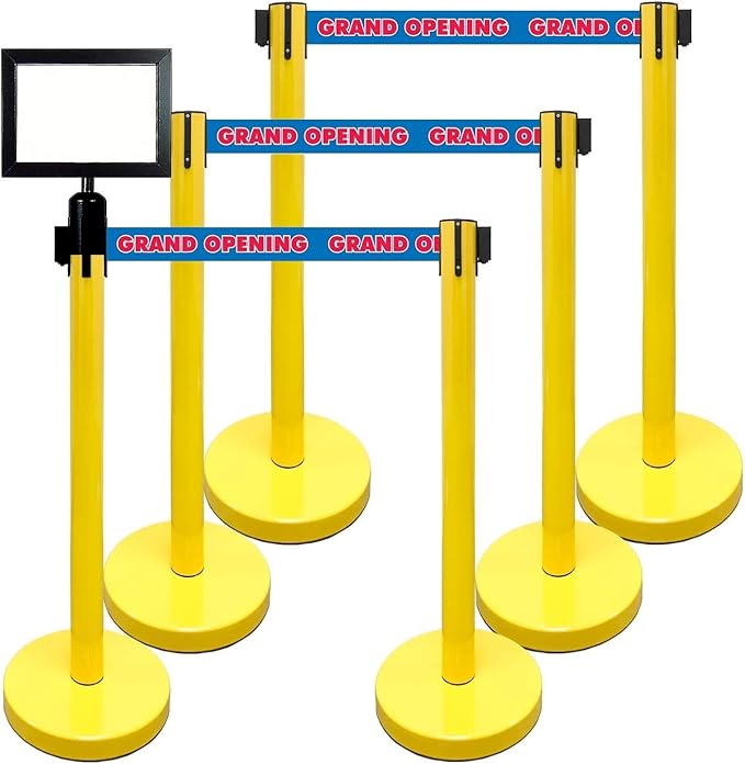 Retractable Stanchion, 6 SPECIALTY Posts + Signframe, 36" Ht, 78" Special Event & Holiday Theme Belt + Bonus Replacement Cassettes + Wall Receiver (YEL Post/Grand Opening Belt)