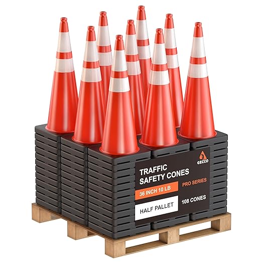 GECCO ™ (108 Cones per Pallet) 36 Inch 10 Lb Heavy Tall Orange Traffic Cones in Bulk | Large Safety Cones, Orange Cones, Parking Cones, Construction Cones | PVC Plastic & Black Base - [PRO Series]