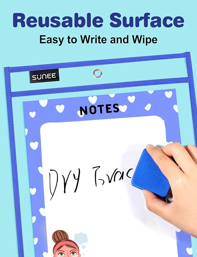 SUNEE 50 Packs Oversized Reusable Dry Erase Pocket Sleeves with 3 Rings, 10 Assorted Colors 10x14 Ticket Holders, Clear Plastic Sheet Protectors, Teacher School Classroom Supplies