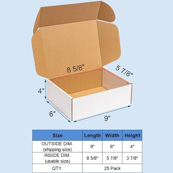 Shipping Boxes 9x6x4 inches 25 Pack White Corrugated Cardboard Mailing Box for Small Business - Literature Mailer Mail Packaging Supplies