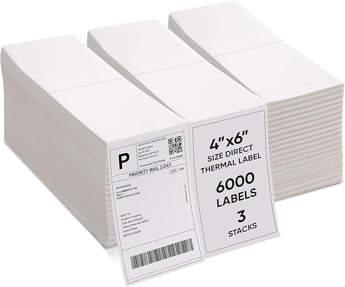 4"x6" Fanfold Direct Thermal Labels Commercial Shipping Label with Perforated line for Thermal Printers, Compatible with Zebra & Rollo Printer (3 Stacks - 6000 Labels)