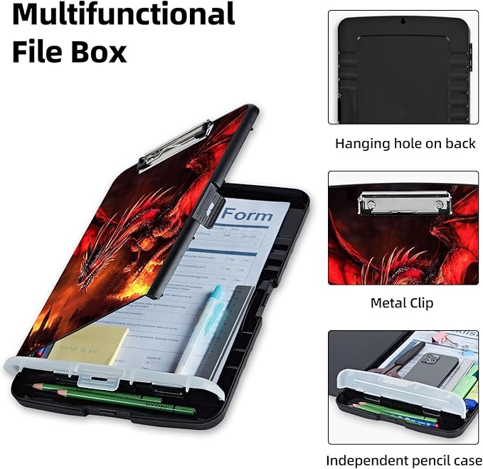 Clipboard with Storage Box & Pen Holder,Heavy Duty Clip Boards 8.5x11 for Nursing,High Capacity,School & Office Supplies,Fire Dragon