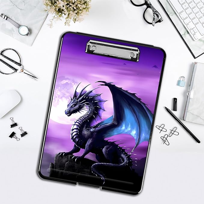 Clipboard with Storage,Office Supplies Nursing Clipboards Folder with Pen Holder Plastic Foldable Clip Board with Storage for Nurse Teacher,Purple Dragon