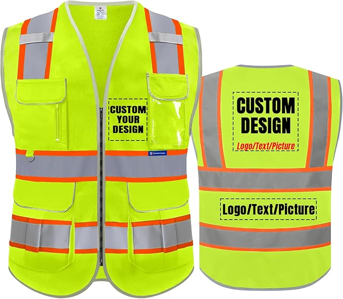BeautyWill Custom Logo Safety Vest 8 Pockets Class2 ANSI Certified High Visibility Reflective Vest for Men - Personalized Logo Heavy-Duty Work Vest（Yellow，M）