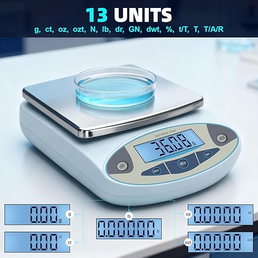 Lab Scale 5000g x 0.01g,13 Unit 0.01g Accuracy High Precision Digital Analytical Balance, Electronic Laboratory Precision Gram Scale Digital Kitchen/Jewelry/Scientific Scale