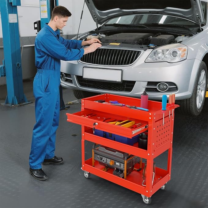 3 Tier Rolling Tool Cart on Wheels, 450 LBS Capacity Tool Cart with Drawers, Heavy Duty Rolling Utility Cart on Wheels, Rolling Tool Work Carts for Garage, Warehouse and Repair Shop,Red