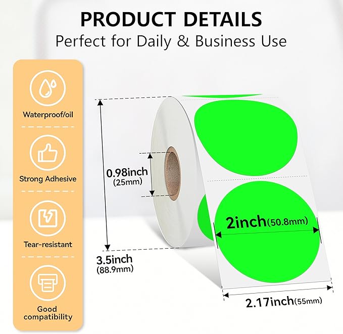 2 inch Dot Stickers Labels Circle Garage Sale Sticker 750Pcs Round Thermal Printer Stickers Printable Writable Price Labels for Yard Sale, Fluorescent Green