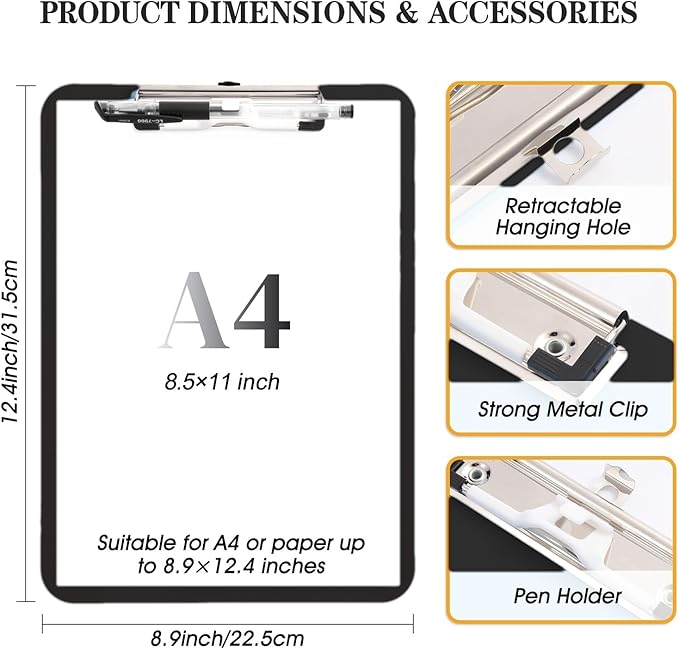 Clipboard with Pen Holder,Nursing Clipboard A4 Standard Letter Size,Plastic Clip Boards 8.5x11 Heavy Duty,Hanging Clipboards for Women Kids Students School Office Home,Black