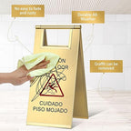 Kigley 2 Pcs Wet Floor Sign, 17 Inch Stainless Steel Caution Wet Floor Sign Double Sided Portable Foldable Bilingual Safety Warning for Hotel Market Restroom Restaurant Office (Gold)