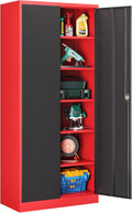72 Inch Metal Cabinet,Lockable Storage Cabinet with 2 Doors and 5 Adjustbale Shelves,Tall Tool Cabinet Cabinet for Garage,Basement,Home Office,Gym(Red & Black)