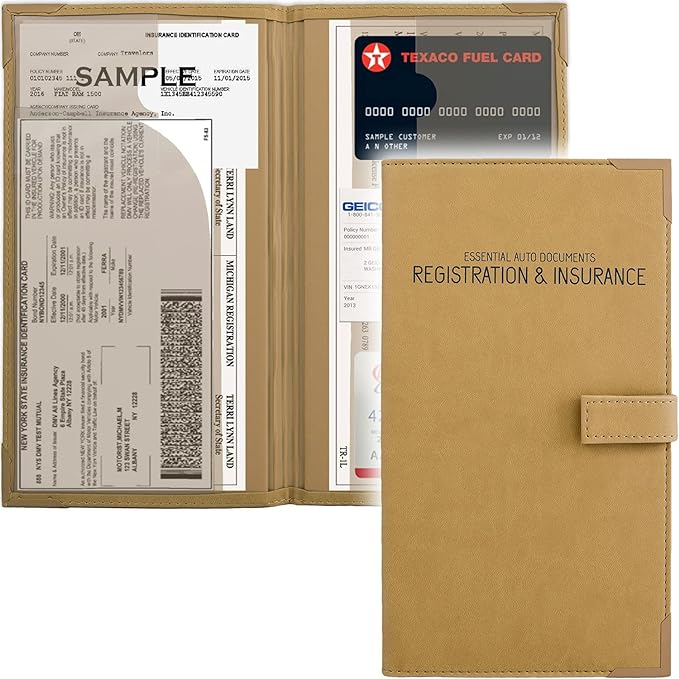 Auto Insurance and Registration Card Holder - Vehicle Glove Box Document Organizer - Car Essential Paperwork Holder for DMV, AAA, Contact Information Cards - Premium PU Leather Wallet Case - Beige