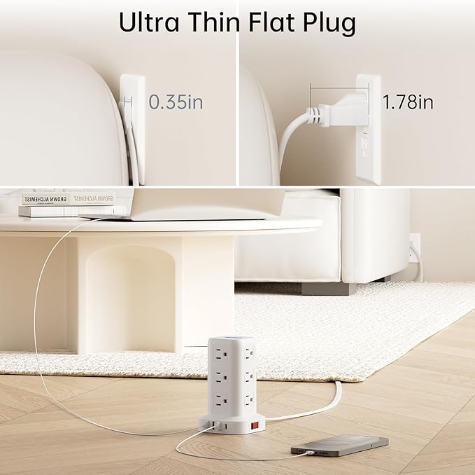 Surge Protector Power Strip Tower with Flat Plug, 10FT Ultra Thin Extension Cord with Multiple Outlets (1 USB-C), 1020J Protection，Desk Charging Station for Office, Dorm Room Essentials