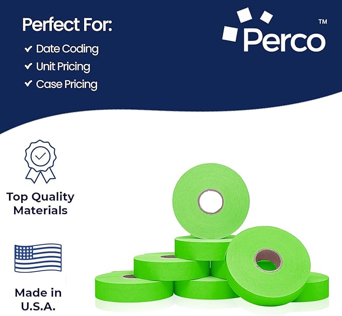 Perco Fluorescent Green 2 Line Pricing Labels - 8 Sleeves, 64 Rolls (112,000 Labels) - Monarch 1136 Compatible - Includes 8 Free Ink Rolls