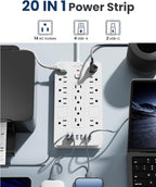 Surge Protector Power Strip-14 Outlets and 6 USB Ports, 10 Feet Flat Plug Extension Cord, 1850 Joules, White, ETL Listed for Home, Office, Dorm Room