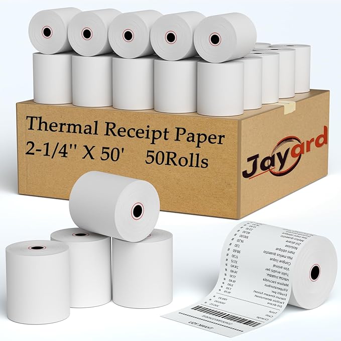 Jayard 2-1/4'' X 50' Thermal Paper Rolls for Credit Card - 58mm Cash Register Premium Tape Pos Printer Paper（50 Rolls）, White