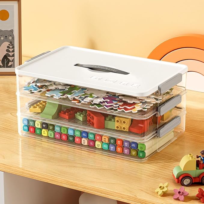 Portable Project Case Clear File Box with lids and Handle, Storage Containers for Stationery, Sewing, Art Craft, A4 Paper, 8.5" x 11" letters, Protecting Scrapbooks, Crafts, Office Supplies (2-Layer)