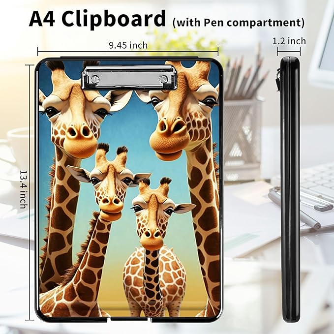 A4 Clipboards,Heavy Duty Waterproof Nursing Plastic Folder Clipboard with Storage Clip Boards,File Folder Storage Box Clipboard Case for Teacher,Doctor,Offices,Giraffe