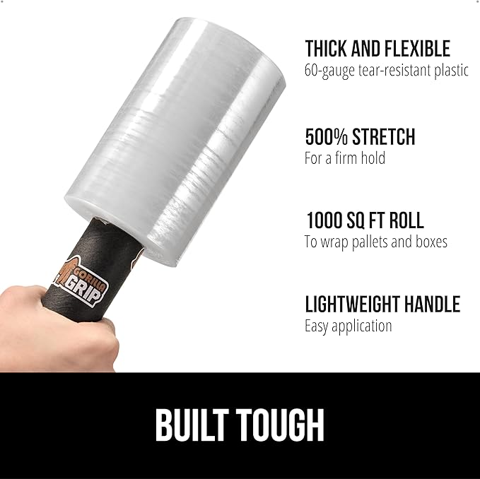GORILLA GRIP 500% Shrink Wrap Roll with Handle, 5" 1000ft Plastic Wrap Stretch Film, Puncture Resistant Industrial Strength Moving Supplies, Pallet Storing, Packing Furniture Protection, 2 Pack Clear